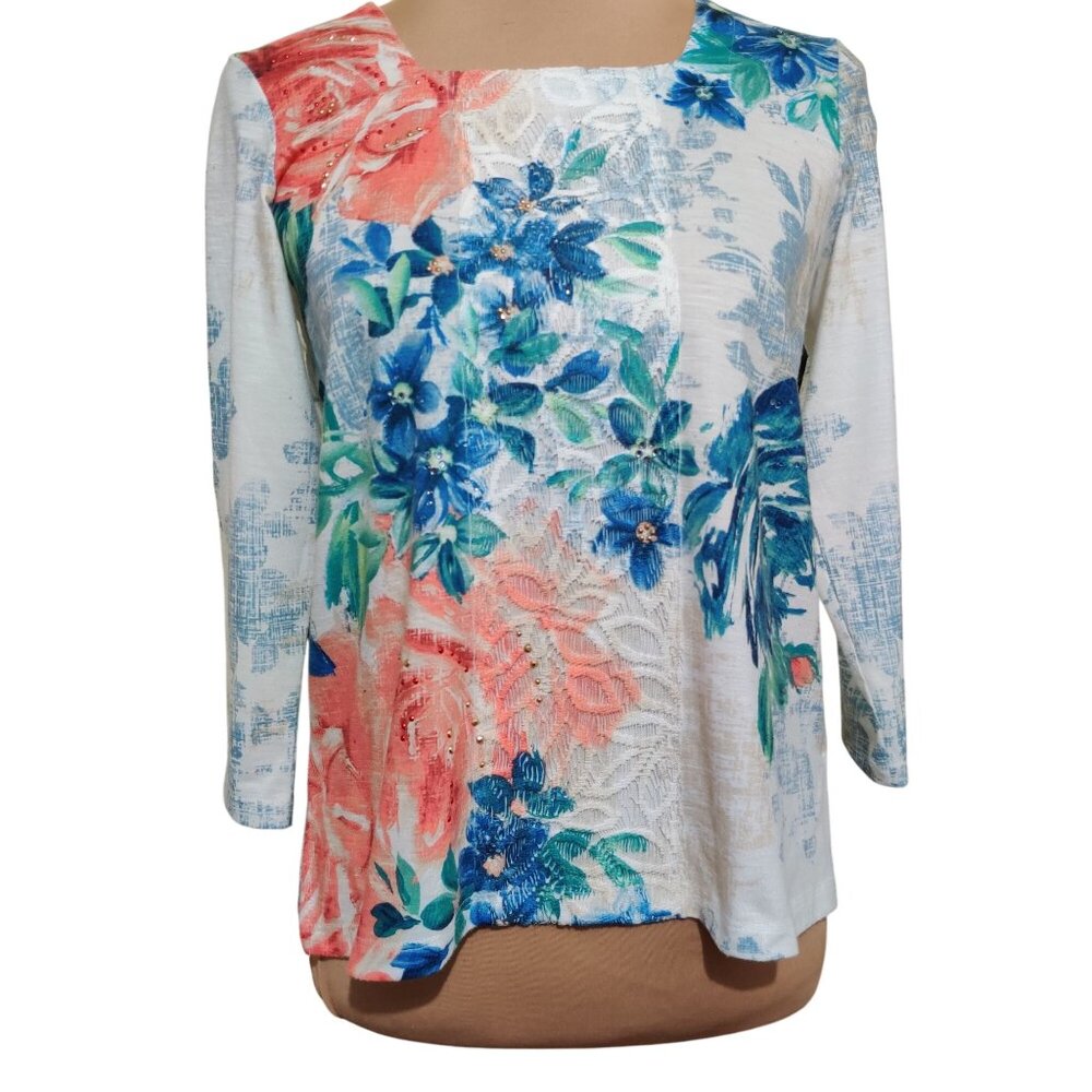 Alfred Dunner PS Floral Textured Blouse 3/4 Sleeve Petite Soft Romantic Garden